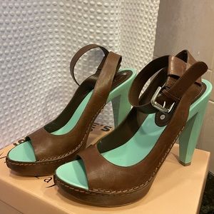 Celine Leather Brown and Teal Heels